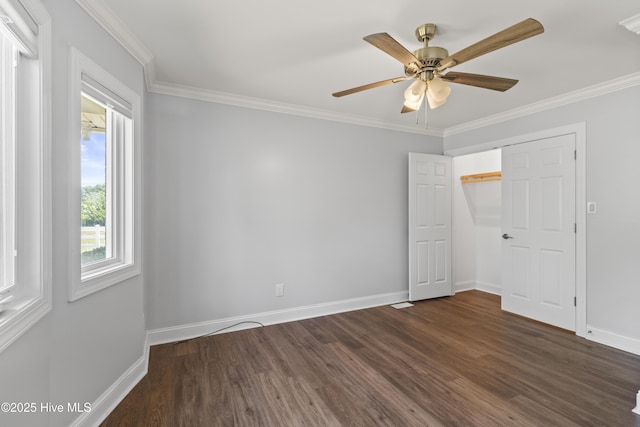 995 Chadwick Shores Dr, Sneads Ferry, NC 28460 - unfurnished bedroom featuring dark wood finished floors, baseboards, crown molding, and ceiling fan