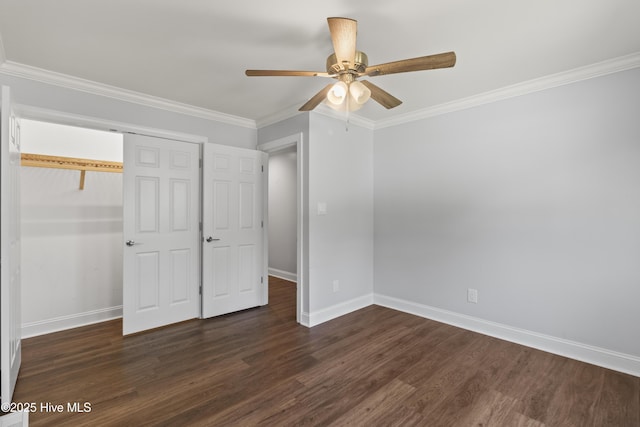 995 Chadwick Shores Dr, Sneads Ferry, NC 28460 - unfurnished bedroom with dark wood finished floors, baseboards, ornamental molding, ceiling fan, and a closet