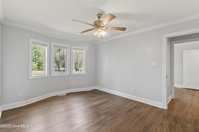 995 Chadwick Shores Dr, Sneads Ferry, NC 28460 - unfurnished room featuring dark wood finished floors, baseboards, ornamental molding, and ceiling fan