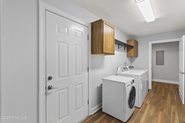 995 Chadwick Shores Dr, Sneads Ferry, NC 28460 - washroom featuring washer and dryer, cabinet space, baseboards, and dark wood-style floors