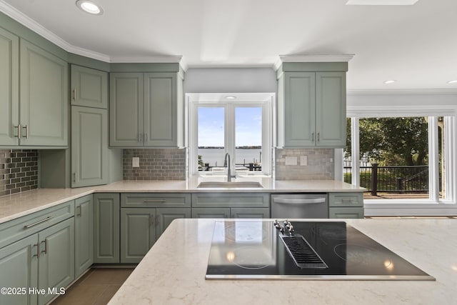 995 Chadwick Shores Dr, Sneads Ferry, NC 28460 - kitchen featuring green cabinets, a sink, stainless steel dishwasher, recessed lighting, and ornamental molding