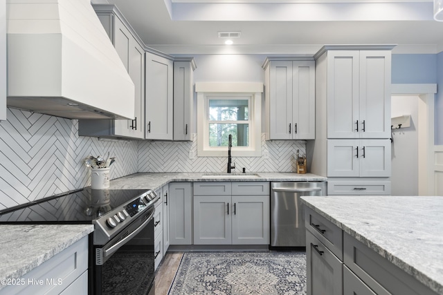 kitchen with gray cabinetry, range with electric cooktop, a sink, and dishwasher