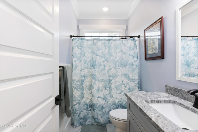 bathroom featuring vanity, toilet, and a shower with shower curtain