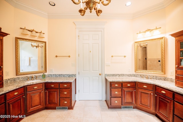 full bathroom featuring crown molding, a chandelier, and a sink