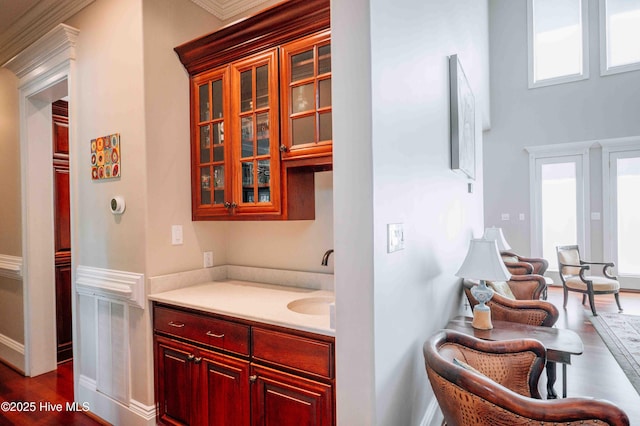 16 Mulbren Ct, Pinehurst, NC 28374 - bar area featuring dark wood-style flooring and a sink
