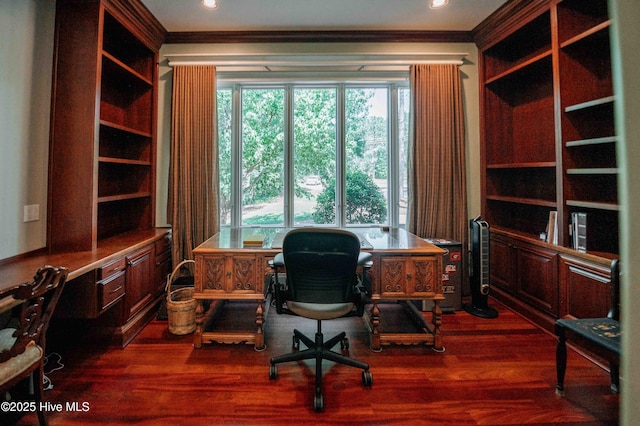 office area featuring ornamental molding, recessed lighting, and wood finished floors