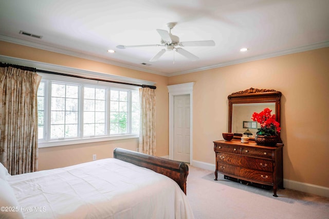 carpeted bedroom featuring visible vents, ornamental molding, and recessed lighting