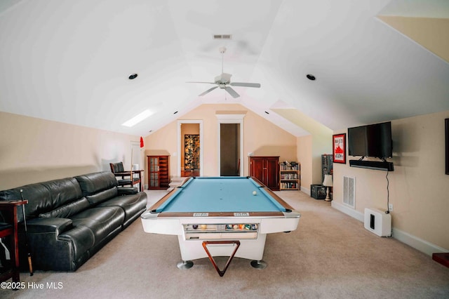 recreation room with visible vents, carpet, ceiling fan, and lofted ceiling