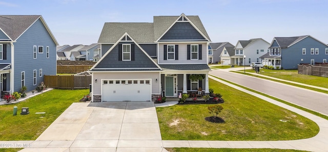 2064 Blue Spruce Dr, Winnabow, NC 28479 - view of front facade with a residential view, driveway, a porch, a garage, and stone siding