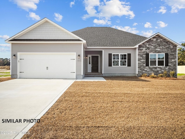 139 Tides End Dr, Holly Ridge, NC 28445 - single story home featuring an attached garage, a shingled roof, a front yard, and concrete driveway