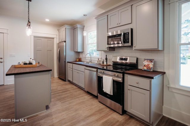 kitchen featuring butcher block countertops, a sink, gray cabinetry, and stainless steel appliances