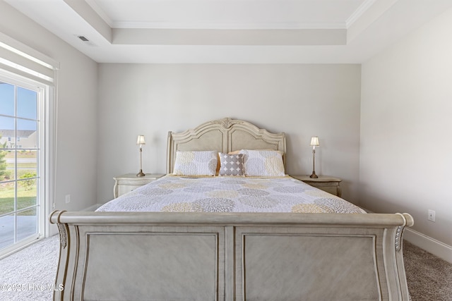 2226 Jasper Forest Trl, Winnabow, NC 28479 - bedroom featuring carpet flooring, a raised ceiling, access to exterior, crown molding, and baseboards