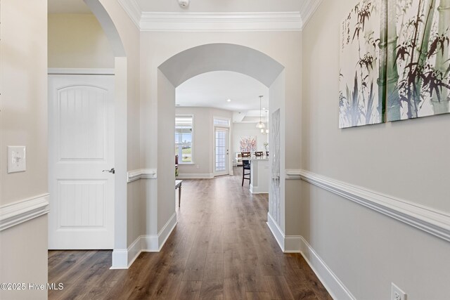 2226 Jasper Forest Trl, Winnabow, NC 28479 - hall with wood finished floors, baseboards, arched walkways, and ornamental molding