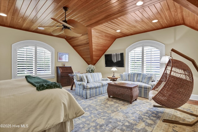 bedroom featuring recessed lighting, ceiling fan, wood ceiling, and lofted ceiling