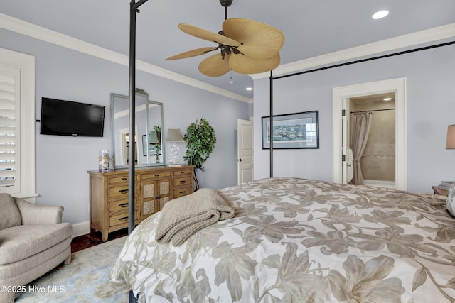 bedroom with recessed lighting, ornamental molding, and wood finished floors