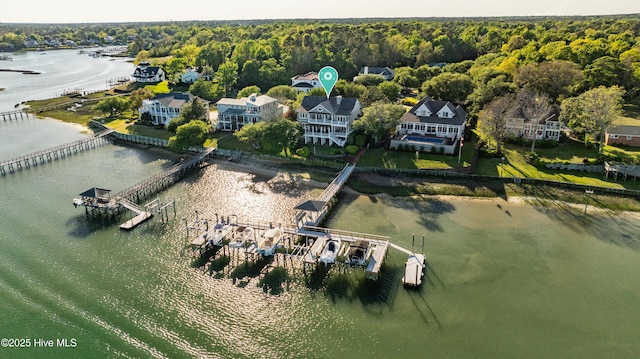 drone / aerial view with a water view and a forest view