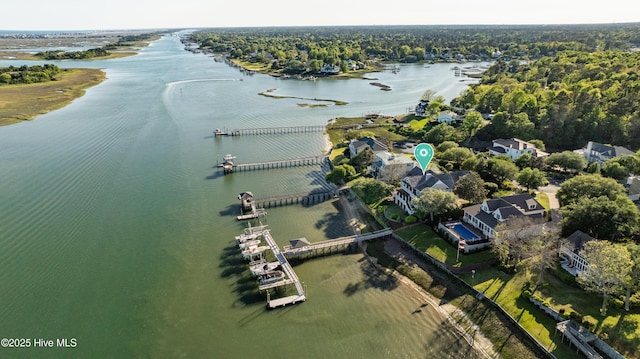 drone / aerial view featuring a water view