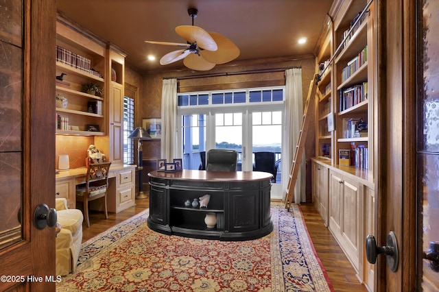 home office with ceiling fan, recessed lighting, built in desk, and wood finished floors