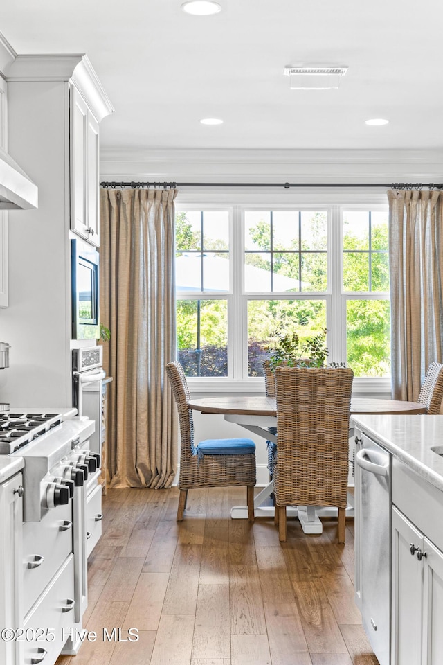 kitchen with light wood-style floors, light countertops, plenty of natural light, and appliances with stainless steel finishes