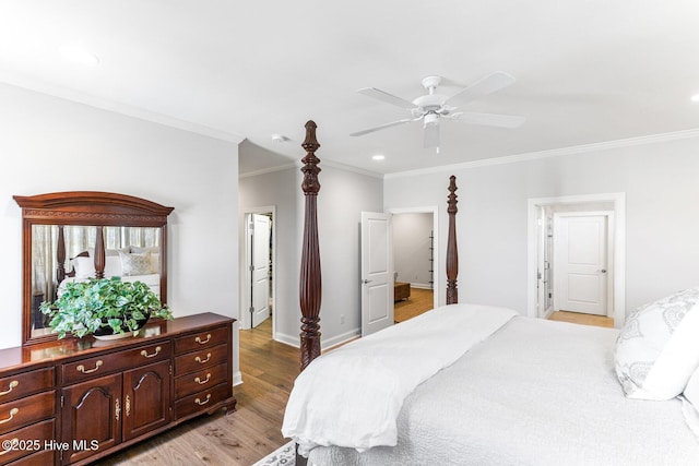 bedroom featuring ornamental molding, light wood-style floors, baseboards, ceiling fan, and recessed lighting