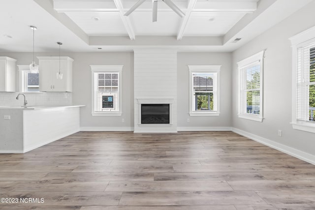 unfurnished living room featuring a fireplace, light wood-style flooring, and a wealth of natural light