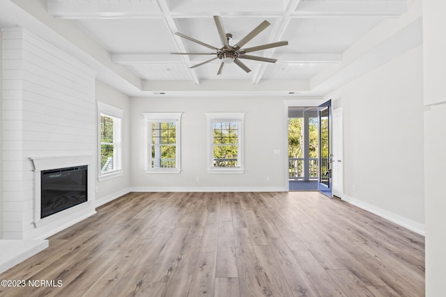 unfurnished living room with a fireplace, a ceiling fan, baseboards, hardwood / wood-style flooring, and coffered ceiling