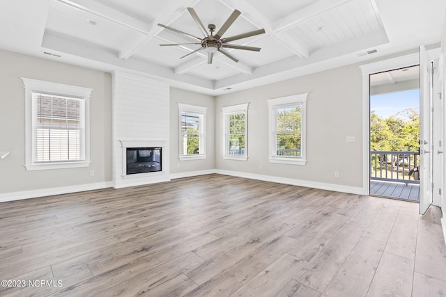 unfurnished living room with a ceiling fan, coffered ceiling, wood finished floors, and visible vents