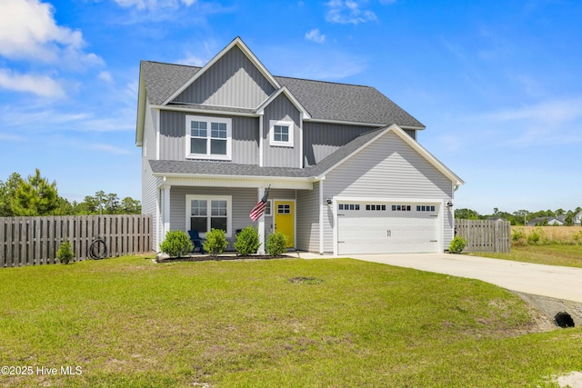view of front of property featuring roof with shingles, fence, concrete driveway, a garage, and a front lawn