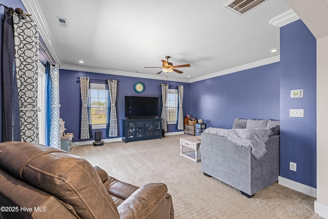 living area featuring ornamental molding, carpet, baseboards, and visible vents