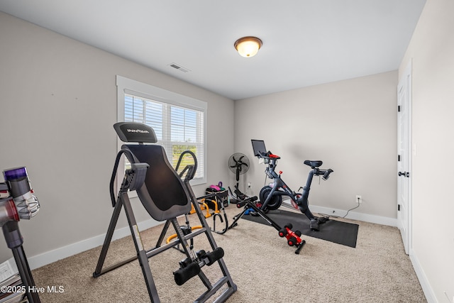 workout area with baseboards, visible vents, and carpet floors