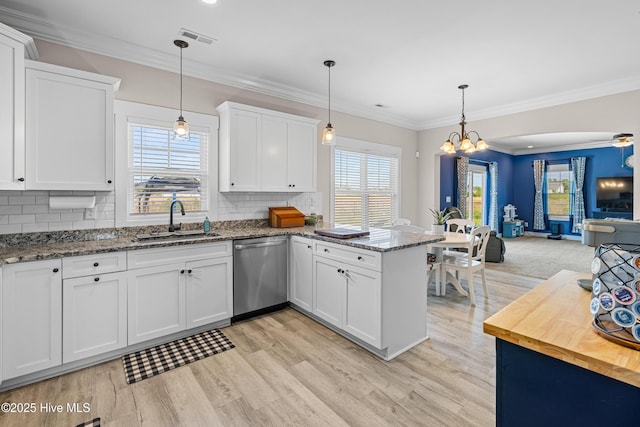 kitchen featuring stainless steel dishwasher, visible vents, a sink, open floor plan, and a peninsula