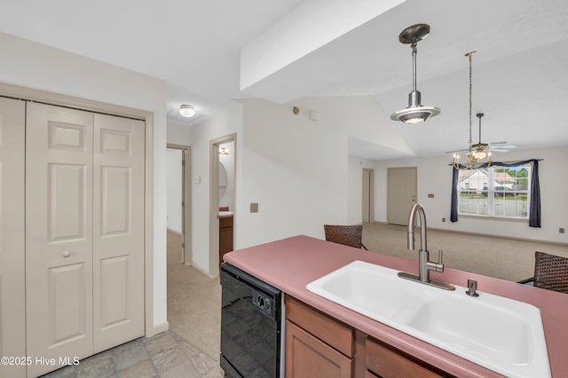kitchen featuring vaulted ceiling, dishwasher, a sink, open floor plan, and light carpet