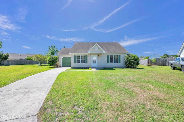 ranch-style home with roof with shingles, fence, a front lawn, concrete driveway, and an attached garage