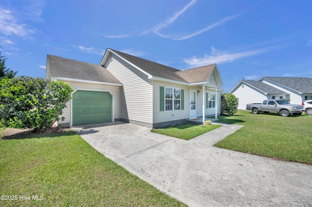 view of front of property featuring concrete driveway, a shingled roof, a front yard, and a garage