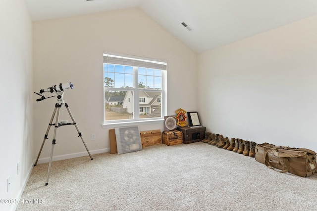 603 Coral Reef Ct, Sneads Ferry, NC 28460 - game room with lofted ceiling, baseboards, visible vents, and carpet floors