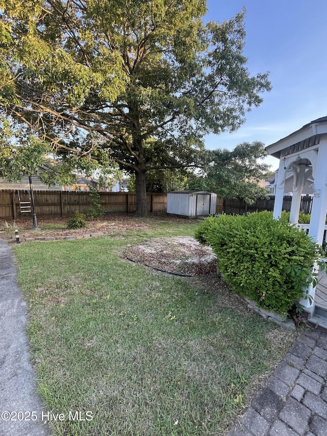 view of yard featuring a fenced backyard, a storage unit, and an outdoor structure
