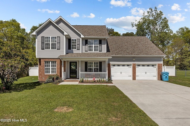 traditional-style house with covered porch, brick siding, fence, and a garage