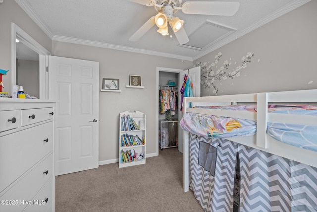 bedroom featuring a walk in closet, ceiling fan, attic access, crown molding, and carpet