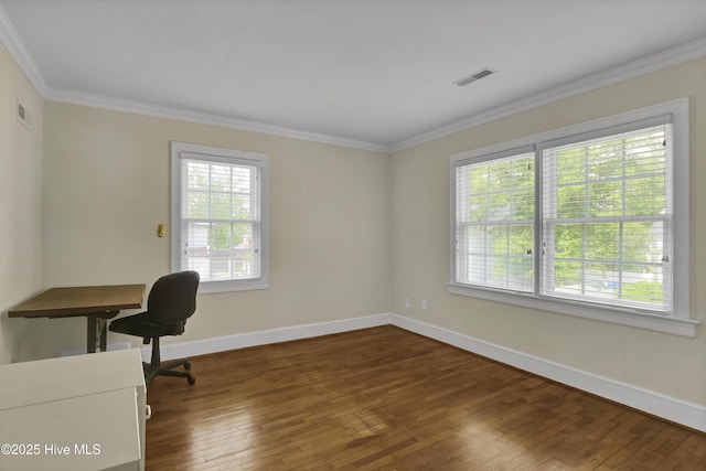 2405 Oleander Dr, Wilmington, NC 28403 - unfurnished office featuring dark wood-style flooring, crown molding, and visible vents