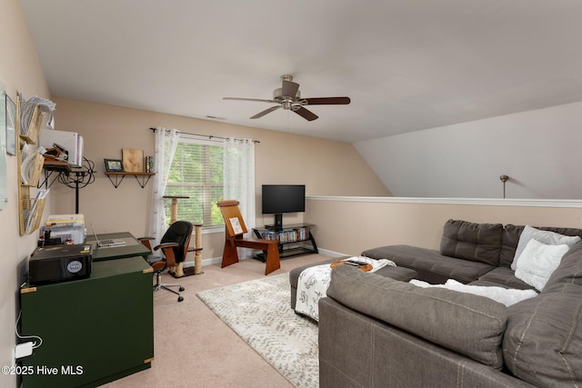 living room featuring ceiling fan, light carpet, and baseboards