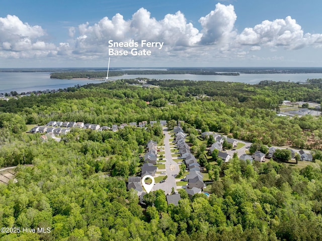 aerial view featuring a residential view, a water view, and a view of trees