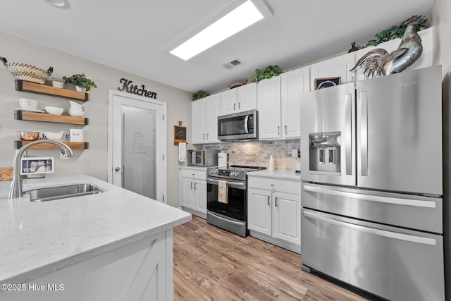 kitchen with open shelves, white cabinets, tasteful backsplash, a sink, and appliances with stainless steel finishes
