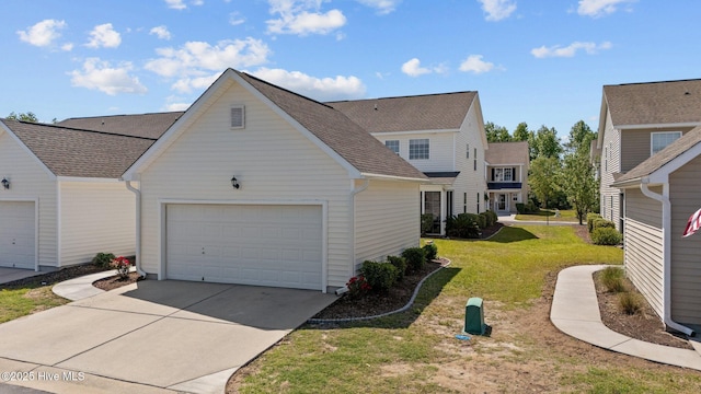 view of property exterior featuring a shingled roof, concrete driveway, and a yard
