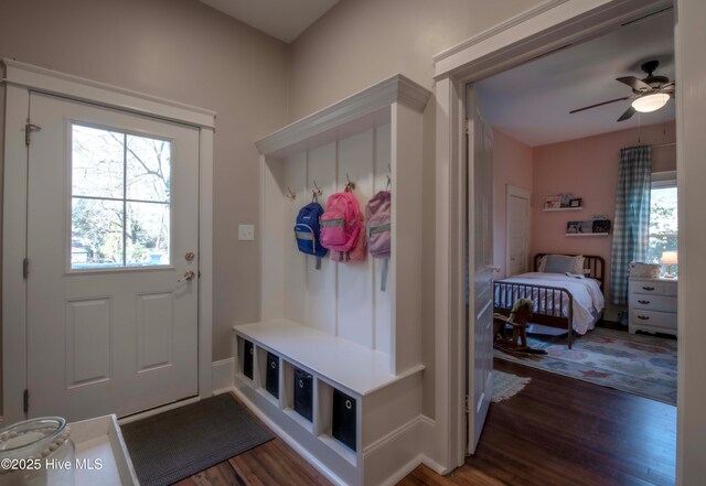 223 N Main St, Wendell, NC 27591 - mudroom with dark wood-type flooring and a ceiling fan