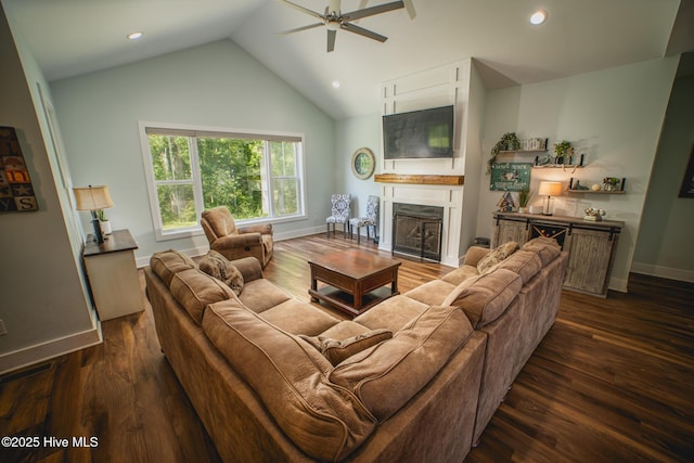 596 W Burton Farm Dr, Minnesott Beach, NC 28510 - living area featuring a ceiling fan, a fireplace, recessed lighting, and dark wood-style floors