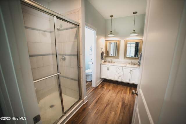 596 W Burton Farm Dr, Minnesott Beach, NC 28510 - bathroom with a shower stall, toilet, a sink, and wood finished floors