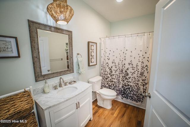 596 W Burton Farm Dr, Minnesott Beach, NC 28510 - bathroom with toilet, a shower with shower curtain, wood finished floors, and vanity