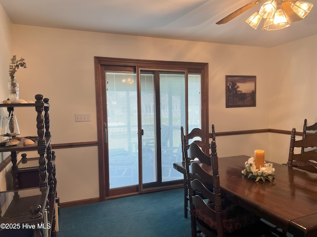 214 Channel View Ct, Cape Carteret, NC 28584 - carpeted dining space featuring ceiling fan and baseboards
