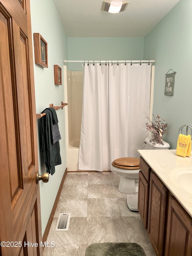 214 Channel View Ct, Cape Carteret, NC 28584 - bathroom featuring toilet, shower / tub combo, vanity, and baseboards