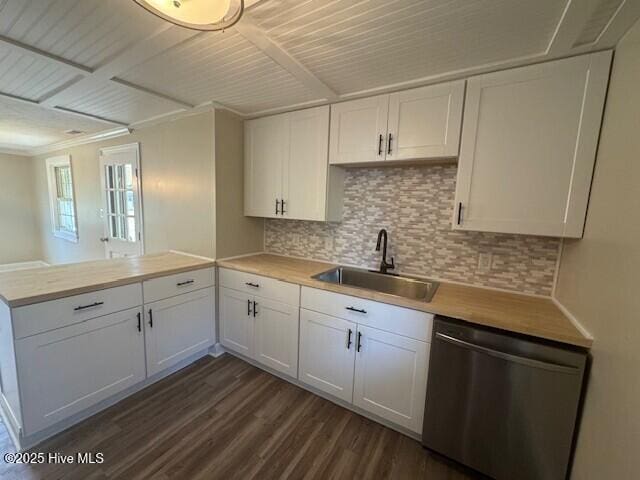 kitchen featuring dishwasher, backsplash, a peninsula, and a sink